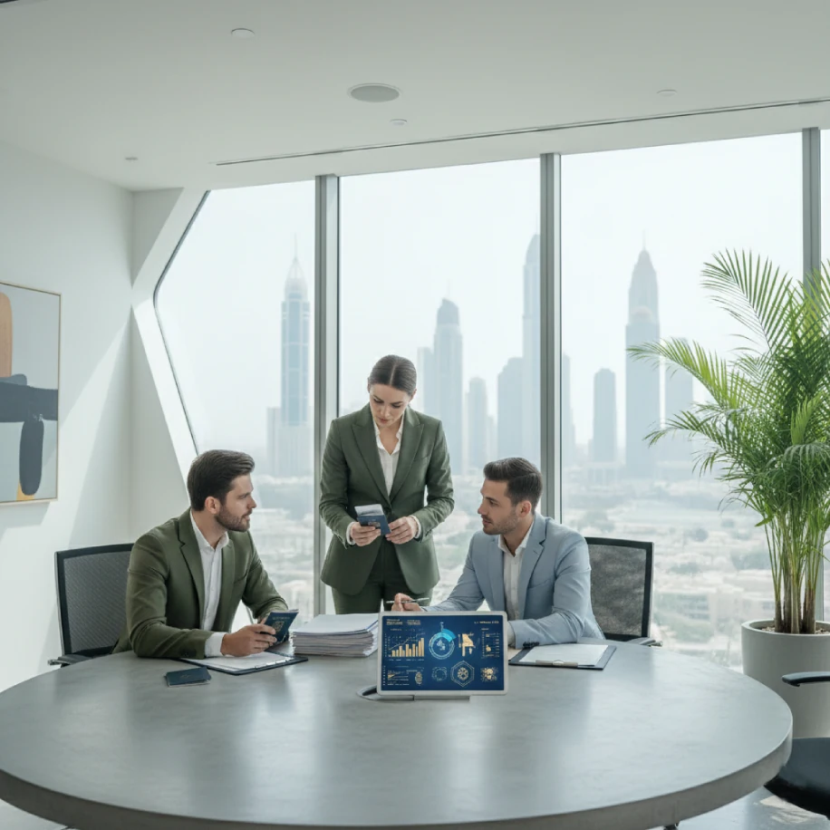 Drei Fachleute prüfen in einem modernen Büro die Unterlagen für die Eröffnung eines Bankkontos.