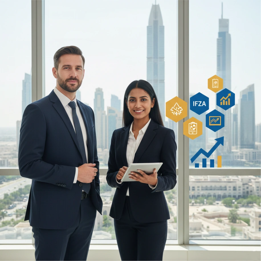 Zwei Geschäftsleute in einem Büro mit Blick auf die Skyline der Stadt, auf der Symbole für Wirtschaftswachstum in der IFZA und der Freihandelszone zu sehen sind.